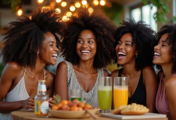 Four happy women with afro hair laughing and enjoying their time together.
