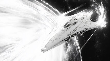 Simplified white white depiction of an energy field surrounding a futuristic spacecraft highlighting the power of cosmic forces in space exploration