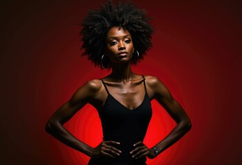 Naklejka premium A confident woman with afro hair poses in a black tank top against a red background.