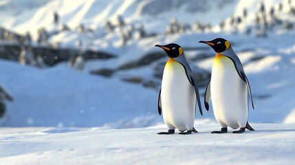 Fototapeta premium Snowy mountains with glaciers and penguins in the foreground. 