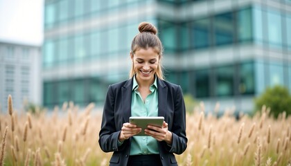 Fototapeta premium Confident professional working on a tablet in a natural setting with grasses and modern architecture. Concept of productivity, technology integration, and balance in business life.