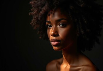 Fototapeta premium A woman with curly hair looks directly at the camera with a soft light on her face.