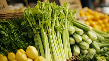 Obraz premium Celery is a crunchy, fibrous vegetable with a mild, slightly peppery flavor.