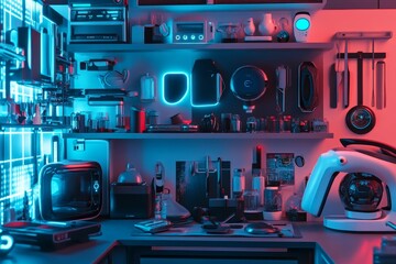 Neon-lit shelves display futuristic gadgets and appliances.