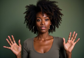 A young woman with an afro and a green shirt, looks directly at the camera with both hands outstretched.