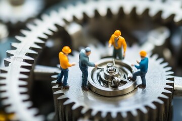 The miniature varies group of employed people that standing still on the uncompleted cogwheels trying to work together to find the solution for varies problems that they talking to each other. 