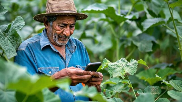 Senior farmer using a mobile phone in a crop field, implementing technology in agriculture for efficient farm management and staying connected