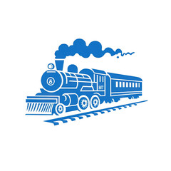 Blue icon of Train isolated on a transparent background Minimalist flat icon, vector logo style sign clipart on a no background png
