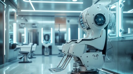 Domestic robot hairdresser at work&nbsp;in beauty salon. Robot employees futuristic concept illustration vector.
