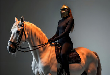 Horsewoman Rider in a Medieval Helmet on a White Majestic Stallion Embracing Equine Power Women Sports