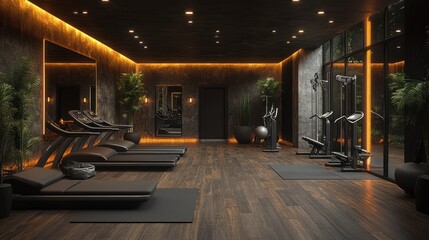 Luxurious dark gym interior with treadmills, elliptical trainers, and yoga mats.