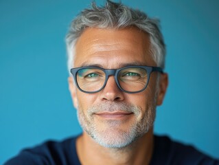 Obraz premium Grey-haired man with beard and mustache, wearing glasses and looking directly at the camera.
