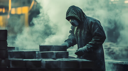 Worker in Protective Gear Operating in a Smoky Industrial Environment