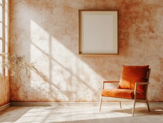 Modern Living Room Scene with Large Window and Red Chair