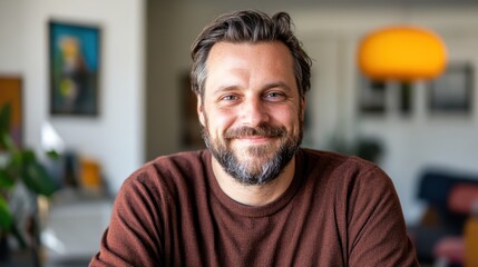 Obraz premium Smiling man with a beard and mustache, wearing a brown sweater, in a room with a blurred background of a plant and a hanging lamp