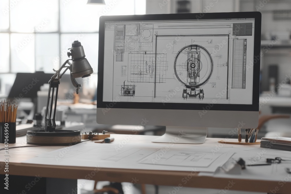 Poster modern engineering desk with large monitor displaying technical drawings and workspace essentials in