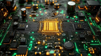 Obraz premium Close-up of a circuit board with glowing components and intricate connections.