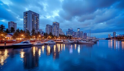 Modern City Waterfront at Blue Hour with Building Reflections