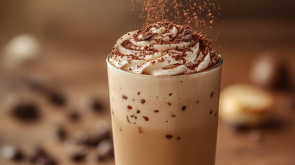 Iced chocolate milkshake with whipped cream and cocoa.