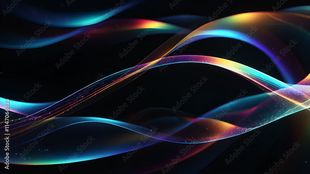 Wall mural flowing holographic curves forming abstract patterns with hints of rainbow colors on a dark futurist