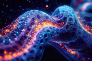 Abstract digital art depicting a glowing, porous, blue and orange network structure.