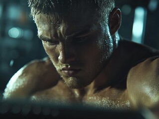 Muscular Gym Scene with Sweat Drops