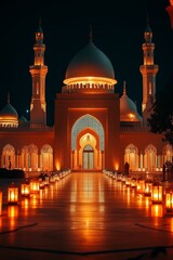 Illuminated mosque at night, lanterns lining pathway.