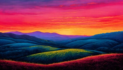 A minimalist silhouette of rolling hills under a vibrant sky.