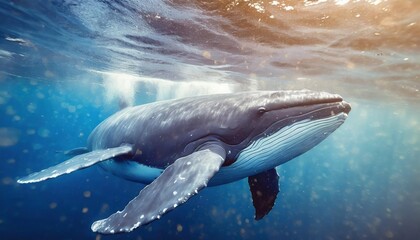 Fototapeta premium Blue Whale Swimming in the Deep Ocean, the Largest Animal on Earth