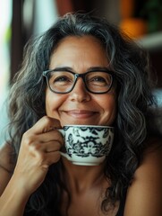 Smiling Woman Enjoying Coffee