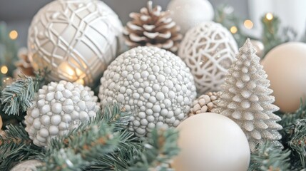 Obraz premium Wire basket full of toys for Christmas or Christmas tree, gold vintage ornaments holiday garland decorations