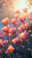 Bright tulips bloom under the warm sunlight in a vibrant garden during springtime revealing natures beauty and