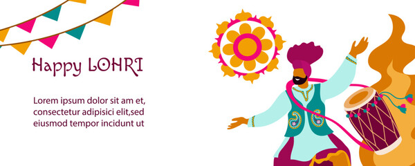Happy Lohri Festival in Punjab. Indian traditional holiday. Horizontal template with holiday attributes. Flat illustration on a white background