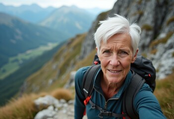 A senior woman smiles while hiking on a mountain trail.