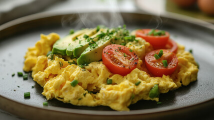 A steaming plate of scrambled eggs garnished with chives, tomatoes, and avocado, presented as a protein-rich, healthy breakfast option. 