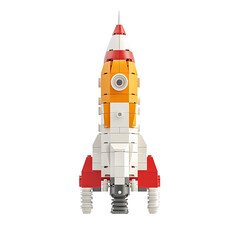a rocket made with plastic bricks isolated on a white background