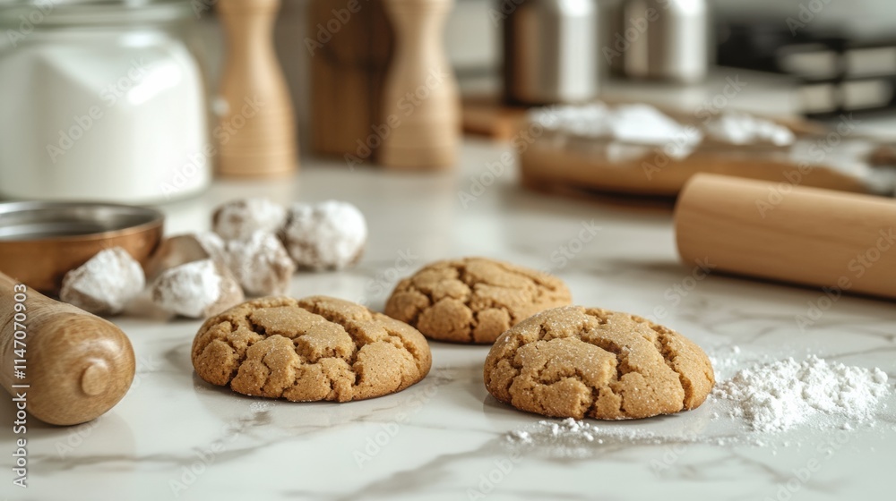 Poster freshly baked cookies resting on a kitchen countertop ready to be enjoyed with inviting aroma and de