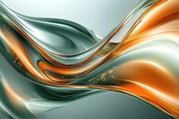 Abstract swirling metallic artwork in teal and orange hues, with glittering particles.