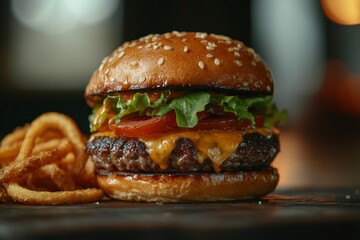 Mouthwatering Gourmet Burger with Crispy Onion Rings