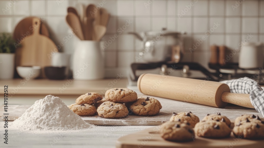 Poster freshly baked cookies on a kitchen countertop with preparation materials creating a warm and invitin