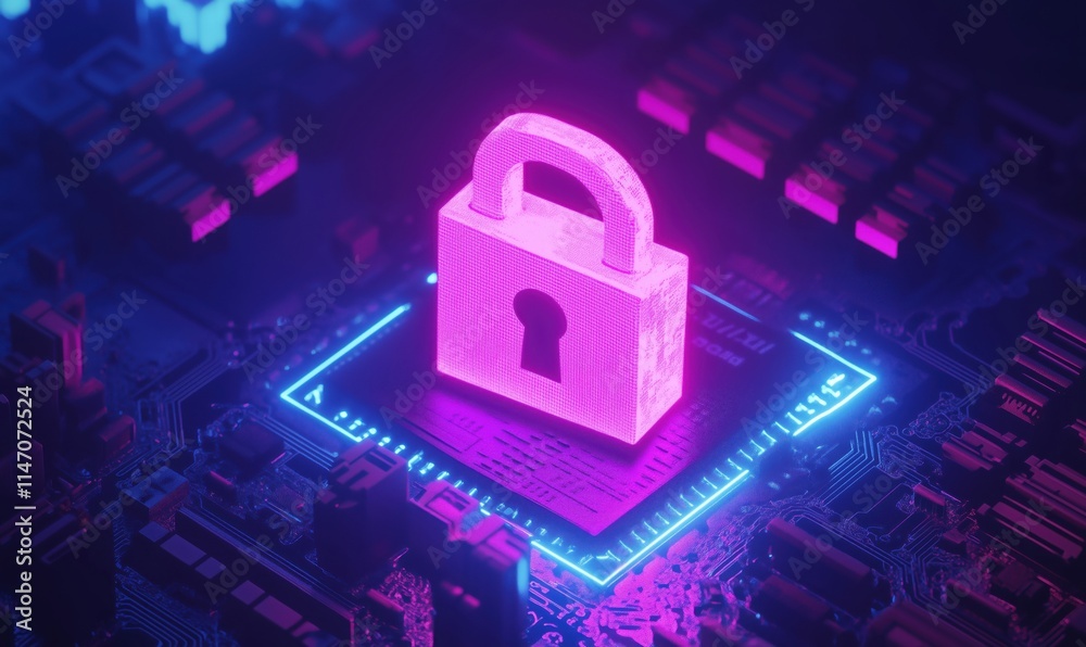 Poster digital security lock symbol glowing on microchip circuit board, representing cybersecurity and data