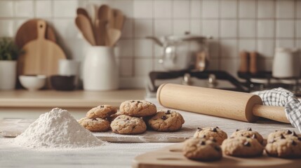 Fototapeta premium Freshly baked cookies on a kitchen countertop with preparation materials creating a warm and inviting atmosphere. Generative AI