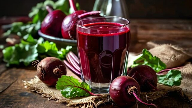 Fresh beetroot juice surrounded by raw beetroots and leaves