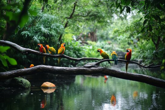 Vibrant Parrots in a Lush Rainforest