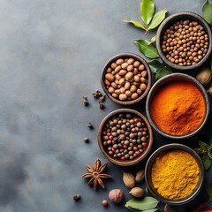 Fototapeta premium Assorted Spices in Wooden Bowls 