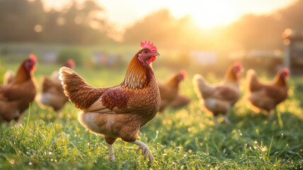 Fototapeta premium Artistic depiction of a rural free-range poultry farm at sunrise, featuring chickens walking through dew-covered grass with soft, glowing light on their feathers