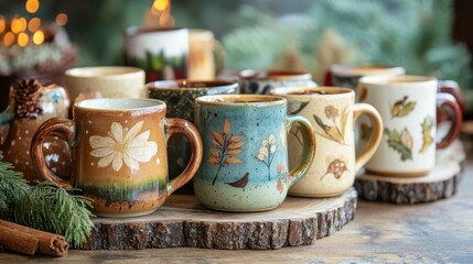 Ornate mugs, wood slice, holiday setting.