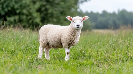 Fototapeta premium A fluffy young white sheep standing in a green grassy pasture on a farm.
