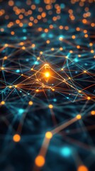 Fototapeta premium Illuminated light bulb surrounded by digital particles and abstract shapes at night with glowing reflections on