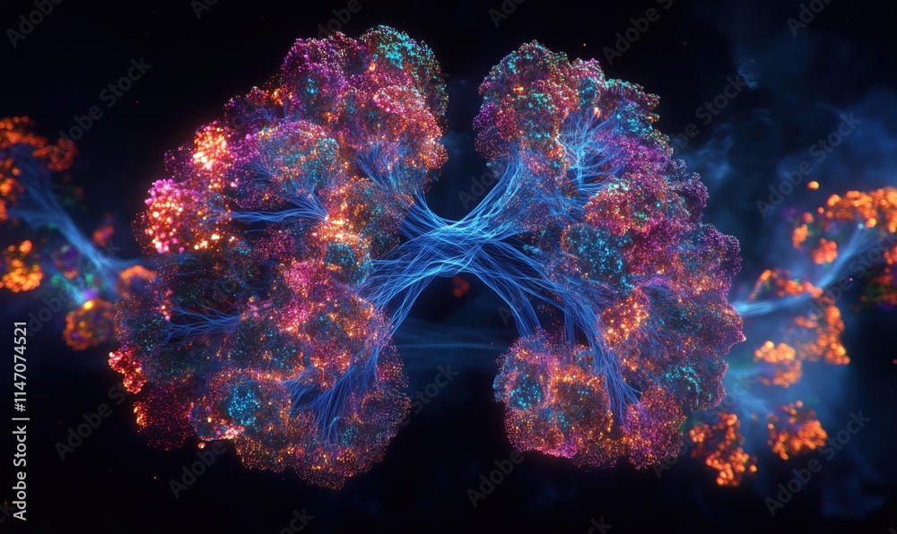 Poster colorful abstract representation of interconnected neural networks with glowing nodes and vibrant en